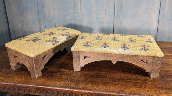 Two Vintage Gothic Oak Embroidered Larger Size Kneelers - Recovering Project