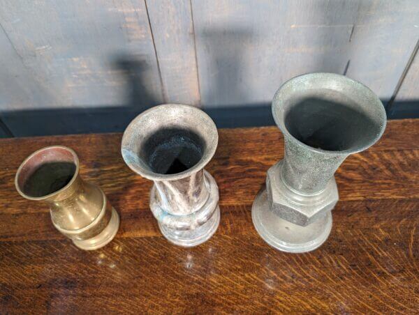 Three Vintage Brass Church Flower Vases Two Nickel Plated