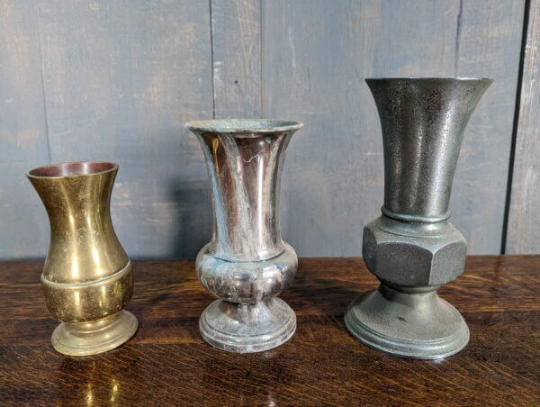 Three Vintage Brass Church Flower Vases Two Nickel Plated