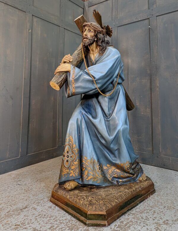 Very Fine Large Spanish Vintage Religious Statue of Jesus Christ & Cross