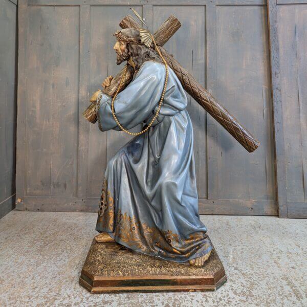 Very Fine Large Spanish Vintage Religious Statue of Jesus Christ & Cross