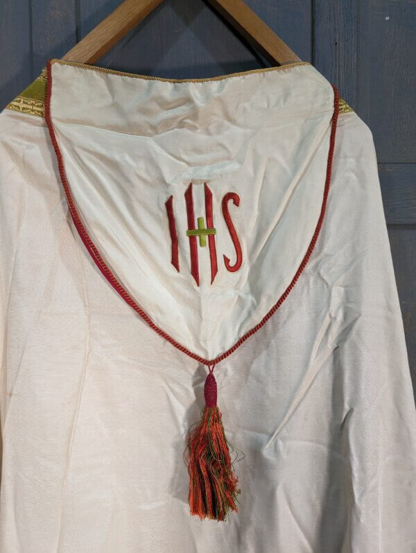 Vanpoulles Mid-Century Ivory Silk Cope with Green Gold Orphreys & Red Silk Lining