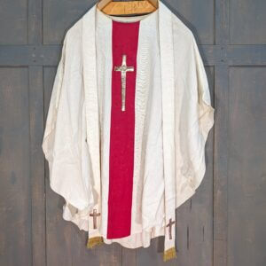 Vanpoulles 1960's Vintage Simple White & Red Linen Unlined Chasuble & Stole with Gold Crosses