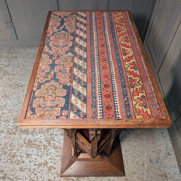 Extraordinary Carved Gothic Pugin Style Oak Occasional Table with Kilim Inset Top