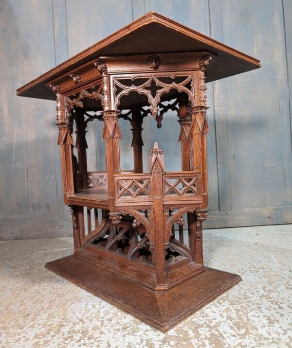 Extraordinary Carved Gothic Pugin Style Oak Occasional Table with Kilim Inset Top