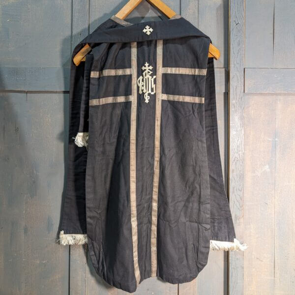 Vintage WW2 Roman Style Black IHS Chasuble with Stole and Maniple With Silver Orphreys