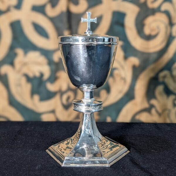 Victorian Style Hexagonal Base Silver Plate Ciborium with Scroll Band and Gilt Interior