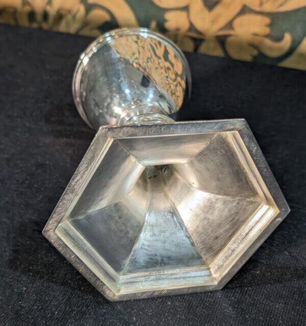Victorian Style Hexagonal Base Silver Plate Ciborium with Scroll Band and Gilt Interior