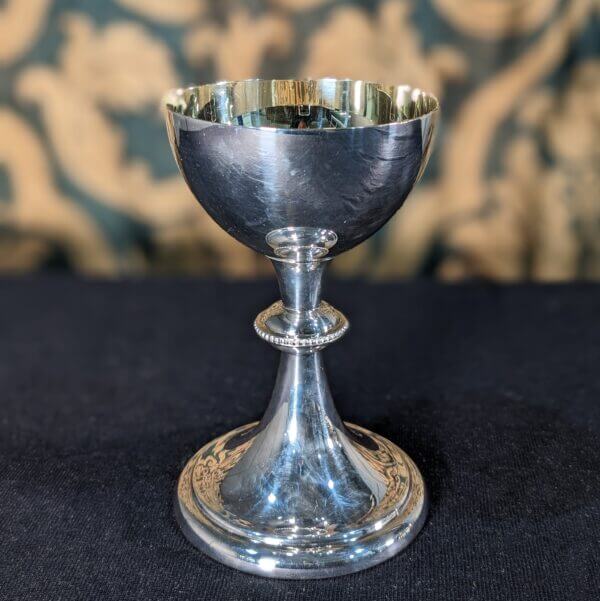 Larger Size Simple Silver Plate & Gilt Chalice with Beaded Central Design & Paten