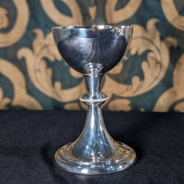 Larger Size Simple Silver Plate & Gilt Chalice with Beaded Central Design & Paten