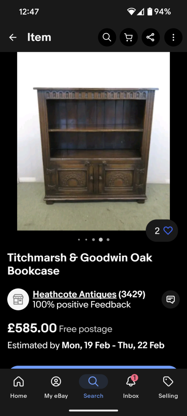 1950's Vintage Titchmarsh & Goodwin Dark Oak Jacobean Themed Bookcase