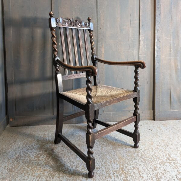Large 1920's Vintage Carved Oak Rush Seated Carolean Style Armchair