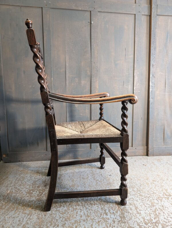 Large 1920's Vintage Carved Oak Rush Seated Carolean Style Armchair