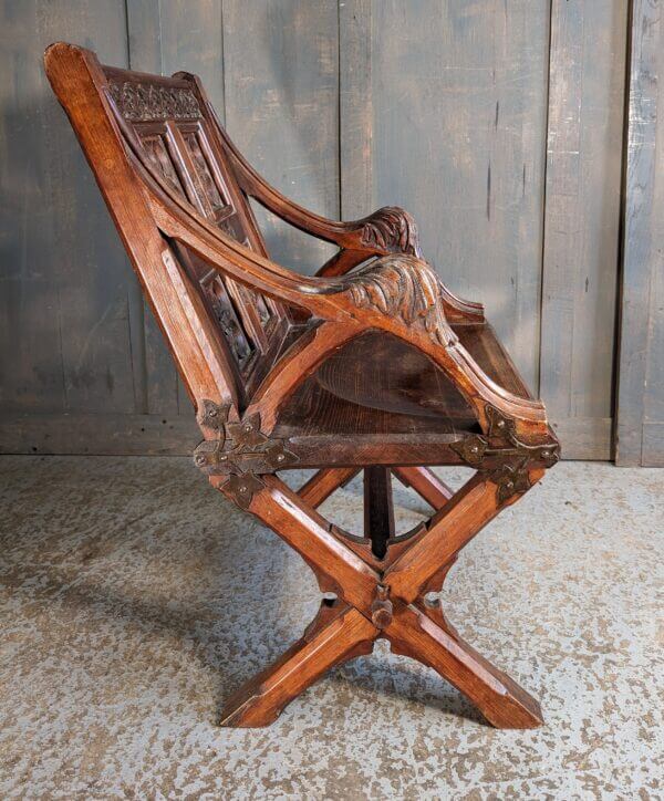 Highly Decorative and Unusual X-Frame Antique Gothic Glastonbury type Clergy Chair in Teak and Baltic Pine