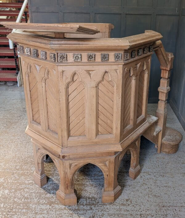 Stripped Pine Gothic Victorian Church Pulpit with Arched Base Six Sides & Stairs