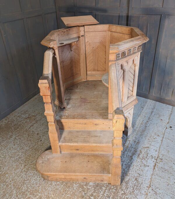 Stripped Pine Gothic Victorian Church Pulpit with Arched Base Six Sides & Stairs