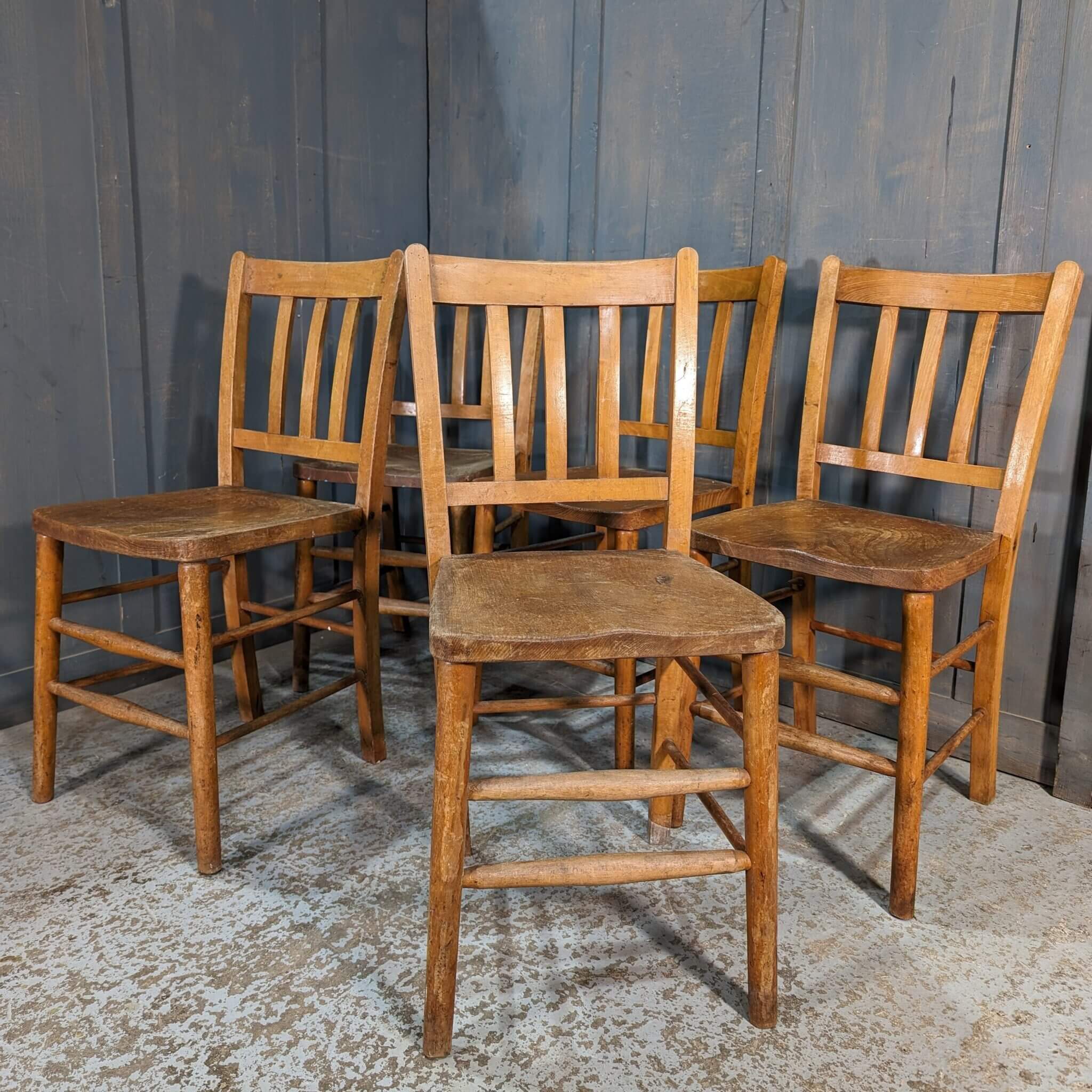 Set of 5 1950's Vintage School Style Elm & Beech Slat Back Church ...