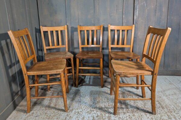 Set of 5 1950's Vintage School Style Elm & Beech Slat Back Church Chapel Chairs