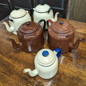 Decorative Vintage Set of 5 Enamel Church Hall Teapots