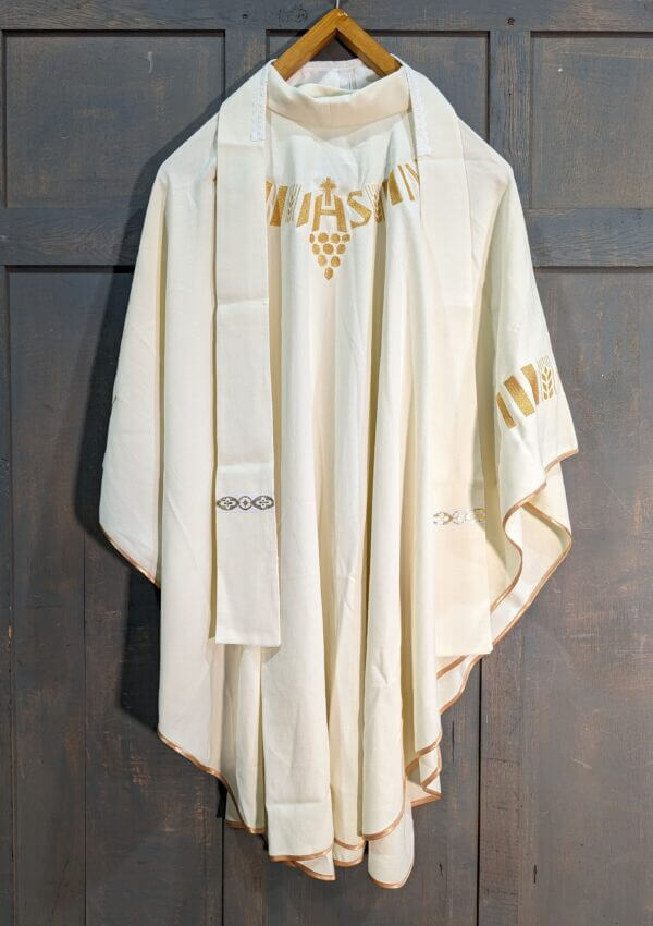 Modern Hayes and Finch Cream and Gold Chasuble with IHS Cross and Wheat Designs
