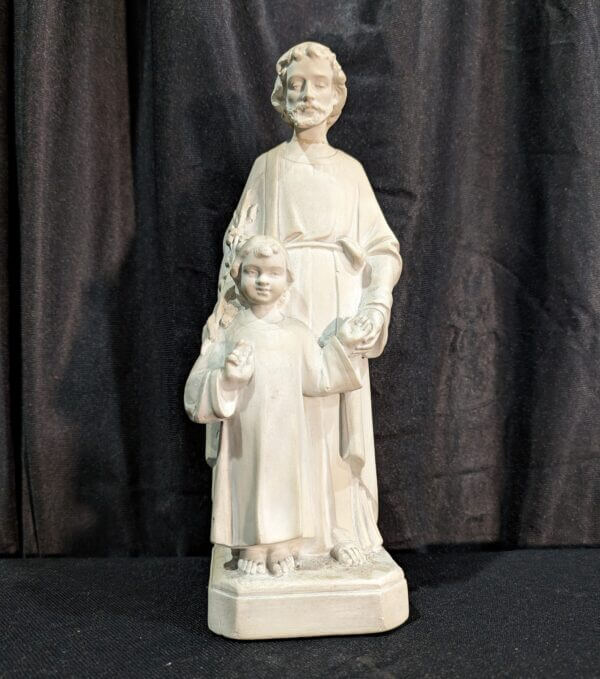 Charming Unpainted Antique French Religious Statue of St Joseph and Child