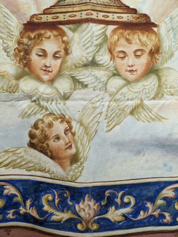 Spectacular Vintage Wall Size French Religious Hand Painted Angel Tapestry