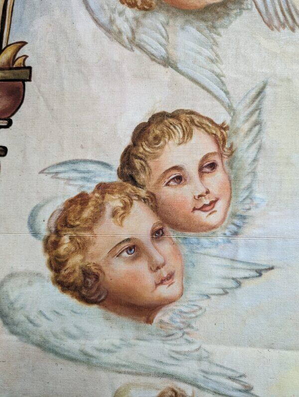 Spectacular Vintage Wall Size French Religious Hand Painted Angel Tapestry