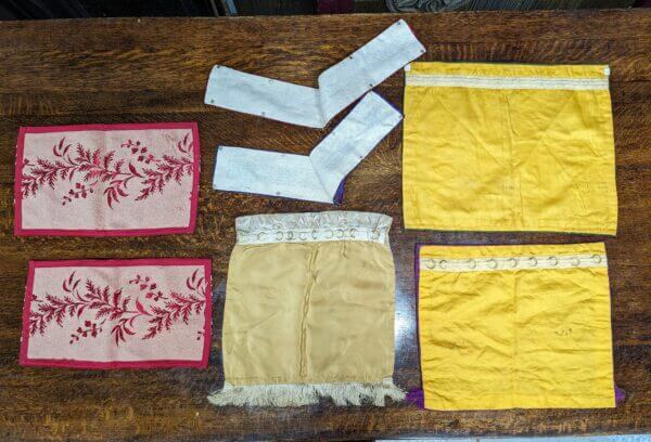 Small Assortment of Vintage Tabernacle Curtains & Fixings in Green Purple Red & Cream