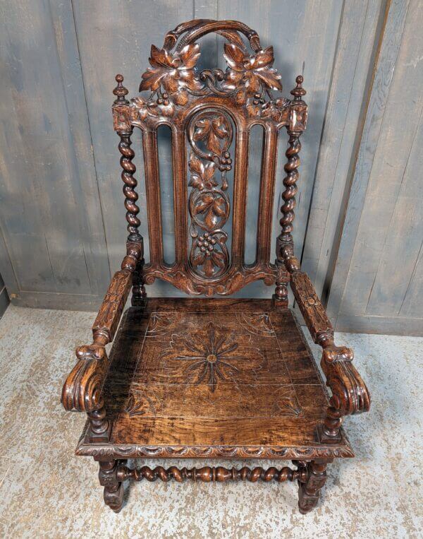 Large Well Made Vintage Carolean Style Highly Carved Oak Armchair