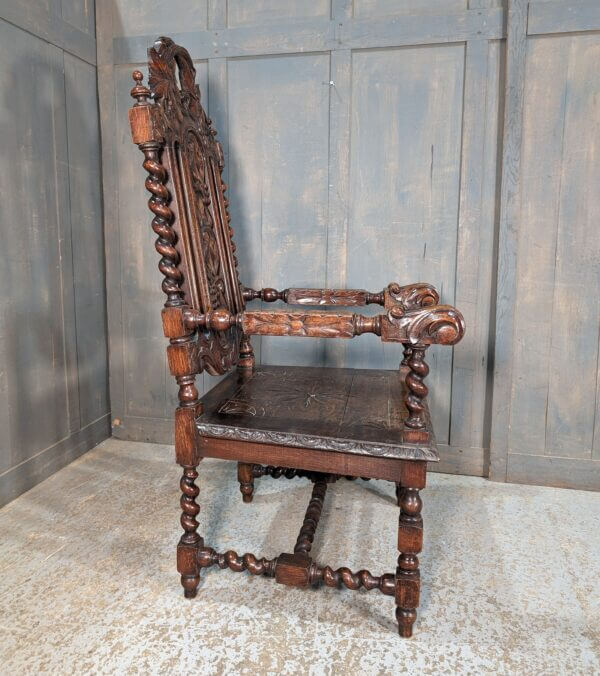Large Well Made Vintage Carolean Style Highly Carved Oak Armchair
