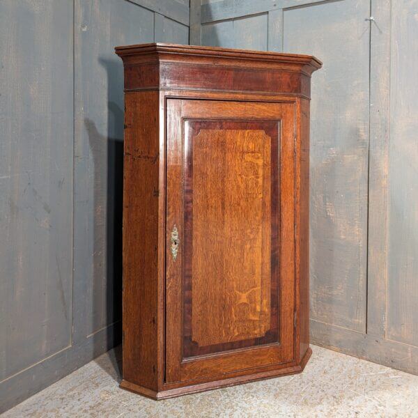Late Georgian Tall Inlaid Oak Corner Cupboard With Working Lock