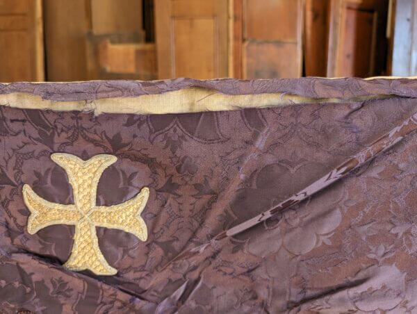 Purple Damask Silk and Velvet Altar Frontal and Superfrontal with Crosses and Thorns. Needs Repair