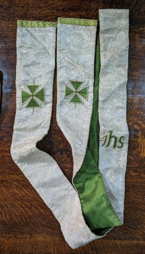 Two Church Stoles - one Green & Gold & one Green & White with Crosses