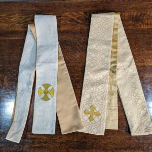 Two Church Stoles - one Cream & Gold with Crosses one nearly all Gold with Crosses
