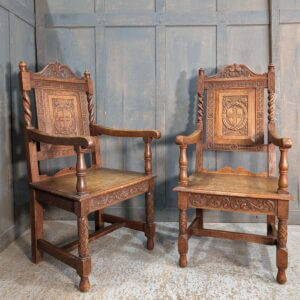 A Pair of 1910 -1920 Carved Oak Clergy Chairs In The Old English Tradition