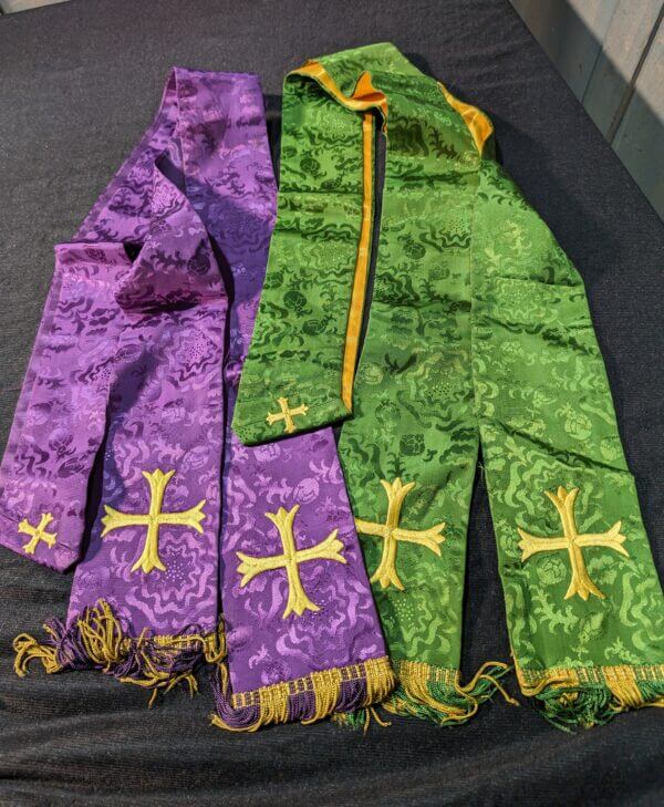 Lovely Vintage Silk Purple and Green 'Vanheems' Stoles with Embroidered Crosses