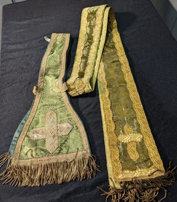 An Antique Green and Gold Stole and Maniple with Bullion Fringing