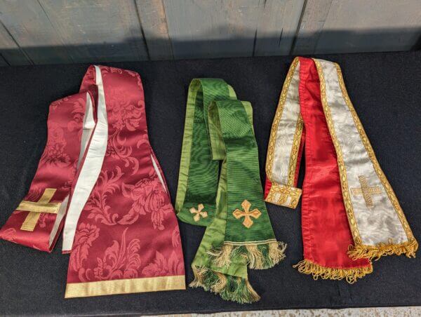 Three Vintage Church Stoles Red Ivory & Green with Crosses
