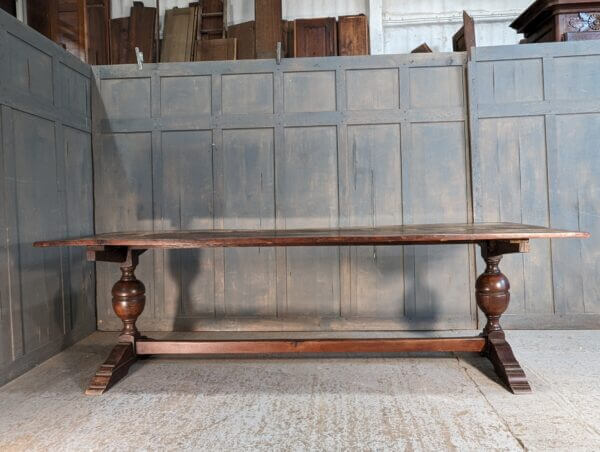 Long 18th Century Style Rectangular Plank Top Oak Refectory Table with Bulbous Turned Legs