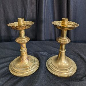 Crenellated Top Antique Brass Altar Candlesticks