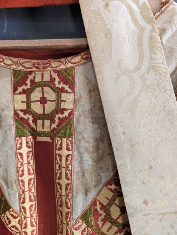 Water Stained Ivory & Coral Damask Silk Chasuble with Matching Stole