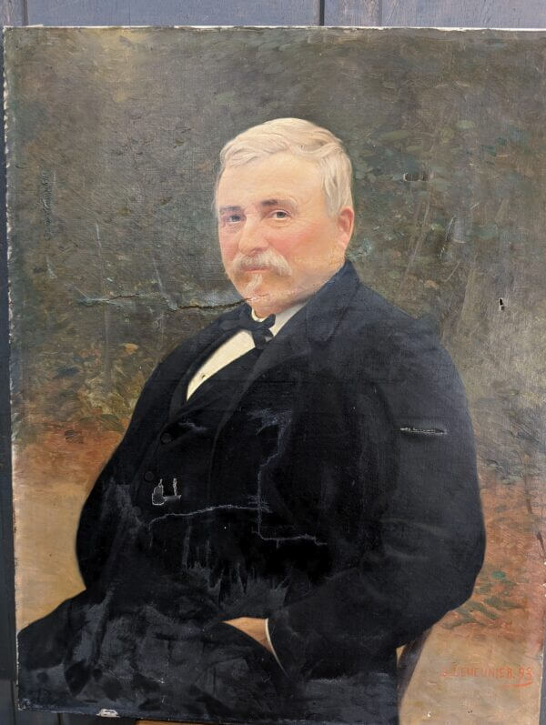 1893 Large Distressed Oil Painting of a French Gentleman by B.Lemeunier