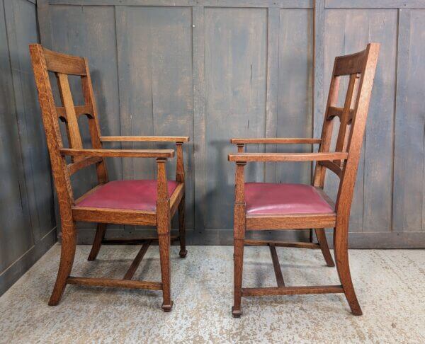 Late English Oak Arts & Crafts Carver Chairs with Red Seats