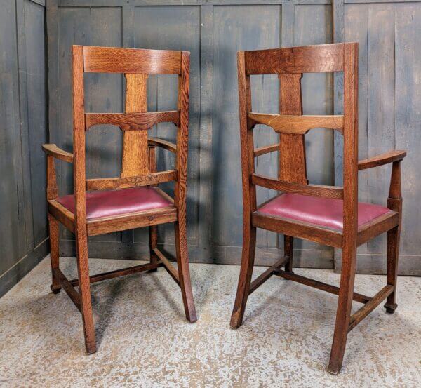 Late English Oak Arts & Crafts Carver Chairs with Red Seats