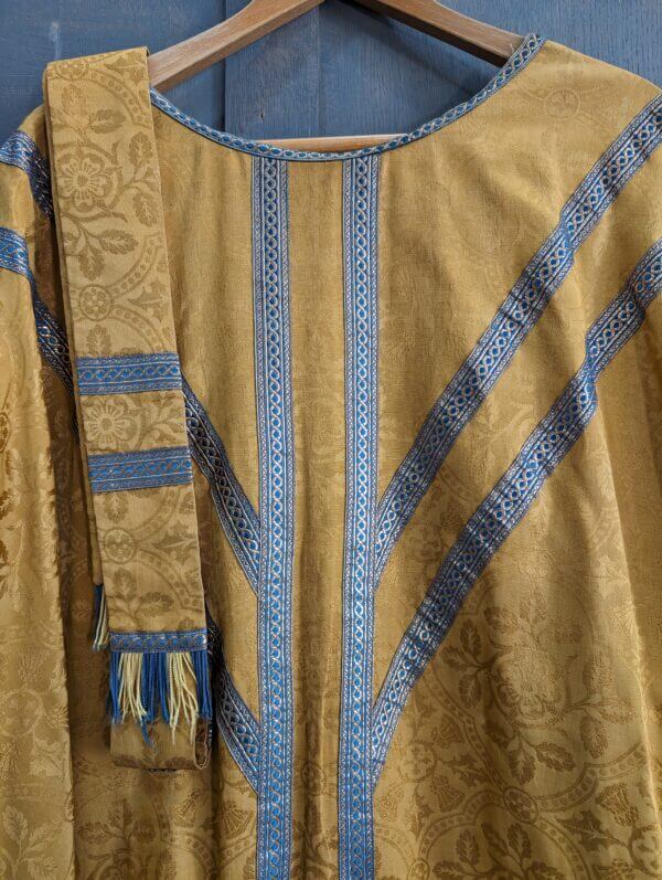Lovely 1940's Vintage Embroidered Umber & Gold Silk Damask Chasuble with Matching Stole