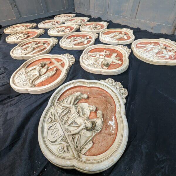 1920's Vintage Printed Plaster Set Of 14 Stations Of The Cross From The Catholic Church At Bourton On The Water