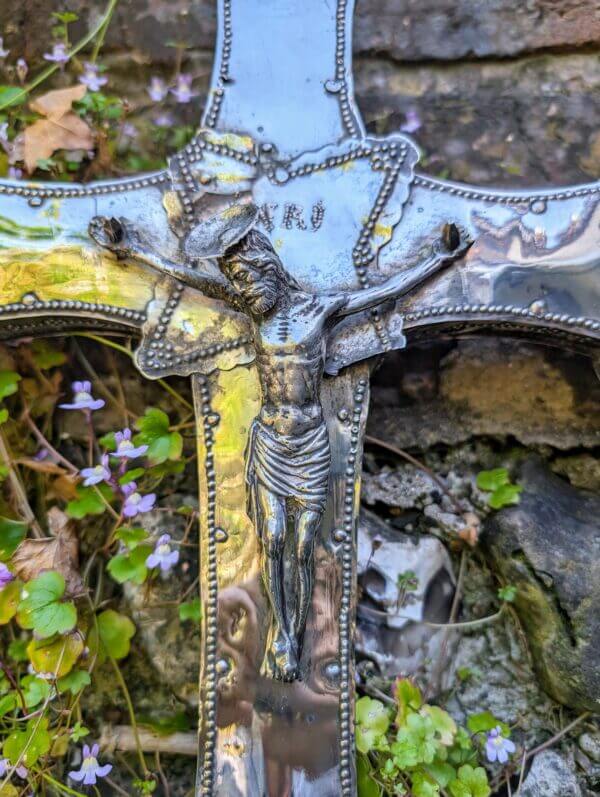 Early 19th Century Continental Silver Mounted Wooden Processional Crucifix