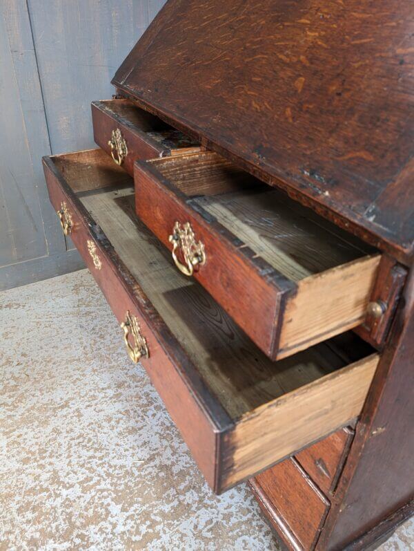 George III Antique Oak Bureau with Original Handles & Escutcheons