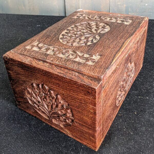 Carved Hardwood Box full of Church Incense Spoon & 'Gold Coins' plus Charcoal