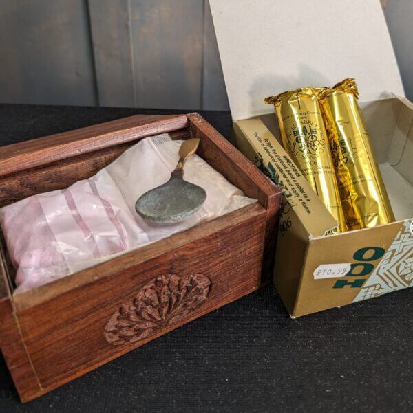 Carved Hardwood Box full of Church Incense Spoon & 'Gold Coins' plus Charcoal
